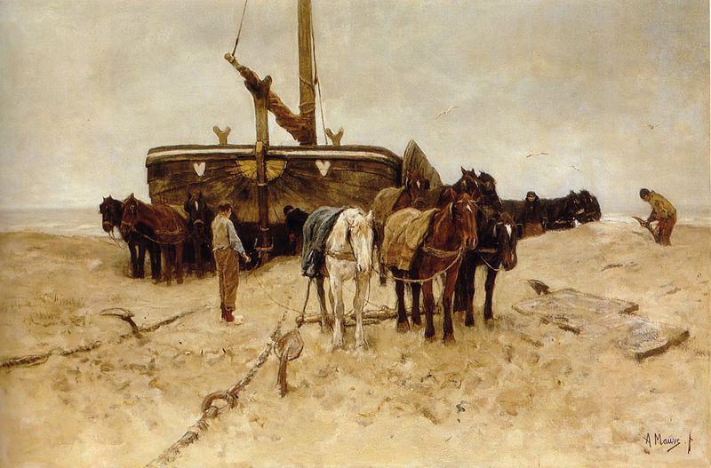 Anton mauve Fishing boat on the beach oil painting picture